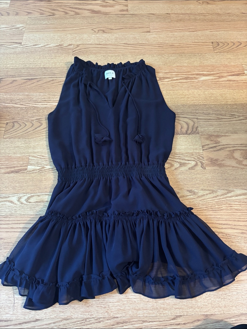Misa Los Angeles Navy Ruffle Waist dress